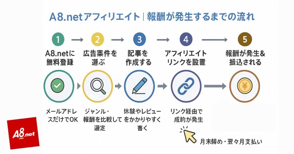 A8アフィリエイトで報酬が入るまでの基本ステップ図解